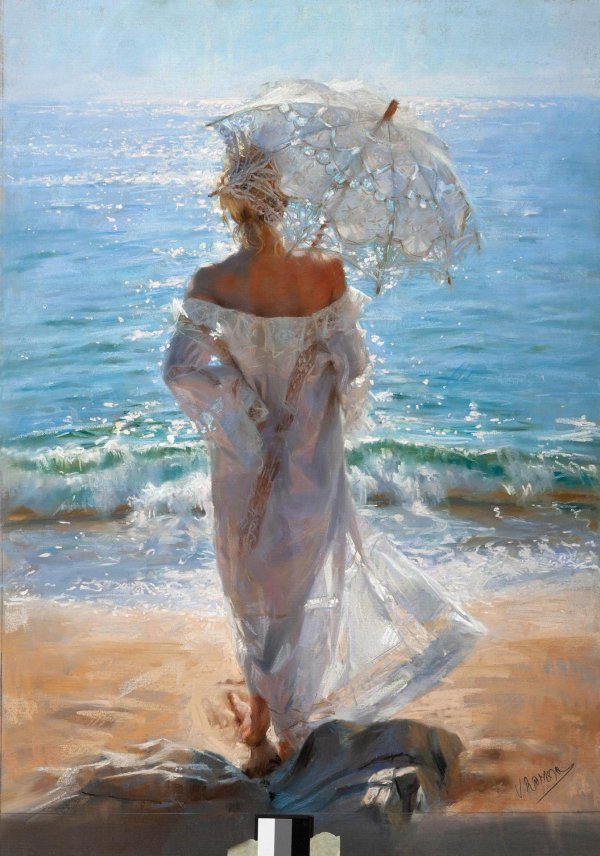 Девушка на берегу моря нарисованные