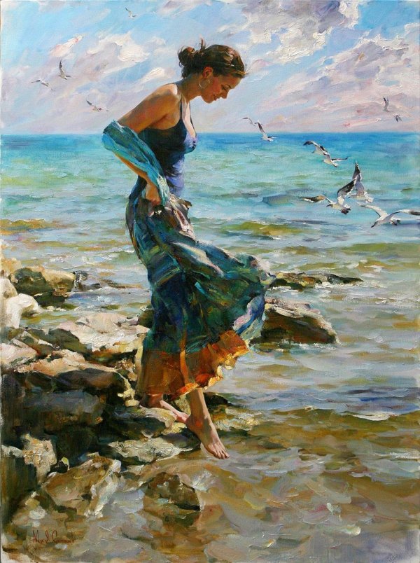 Девушка на берегу моря нарисованные