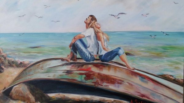 Девушка на берегу моря нарисованные