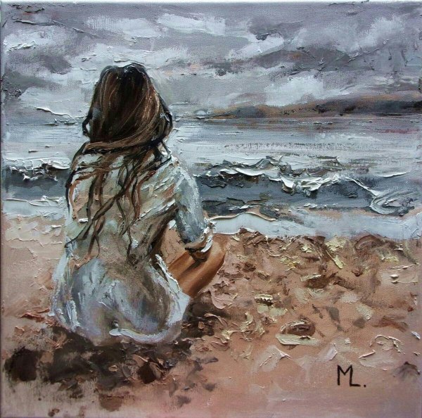 Девушка на берегу моря нарисованные