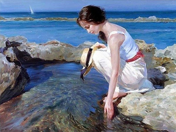 Девушка на берегу моря нарисованные