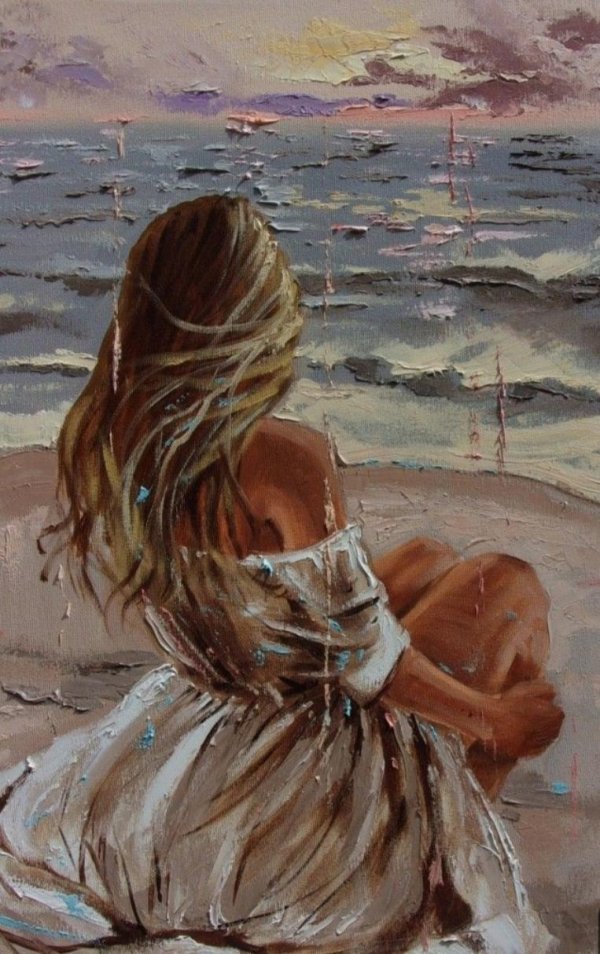 Девушка на берегу моря нарисованные