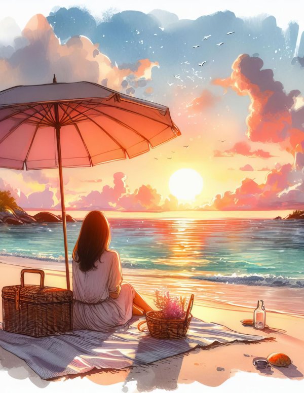 Девушка на берегу моря нарисованные