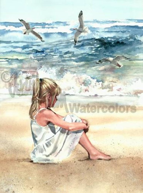 Девушка на берегу моря нарисованные