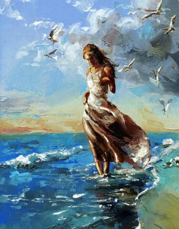 Девушка на берегу моря нарисованные