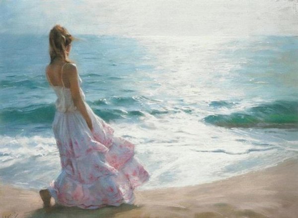 Девушка на берегу моря нарисованные