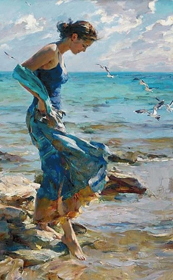 Девушка на берегу моря нарисованные