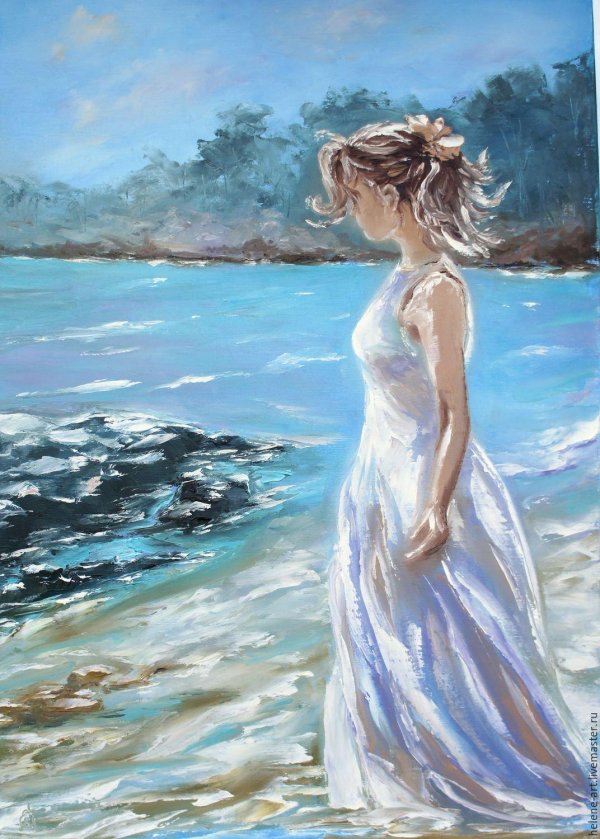Девушка на берегу моря нарисованные