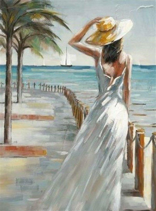 Девушка на берегу моря нарисованные