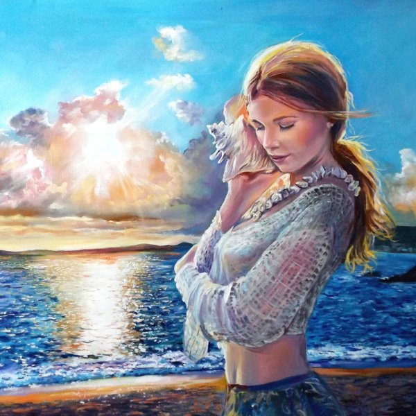 Девушка на берегу моря нарисованные
