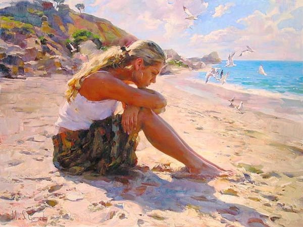 Девушка на берегу моря нарисованные