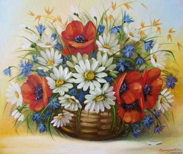 букет маков ромашек и васильков