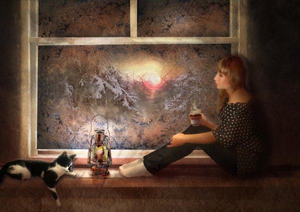 Девушка вечером у окна