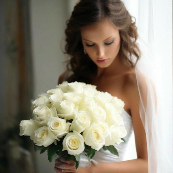 Девушка с букетом белых роз