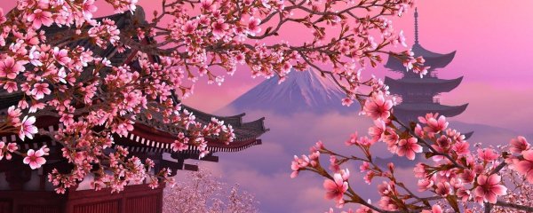 японский пейзаж с сакурой
