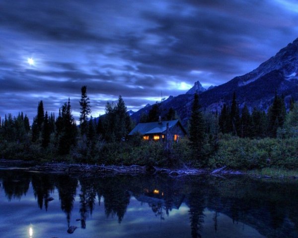 домик в лесу ночью