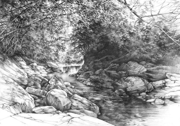 горный пейзаж карандашом