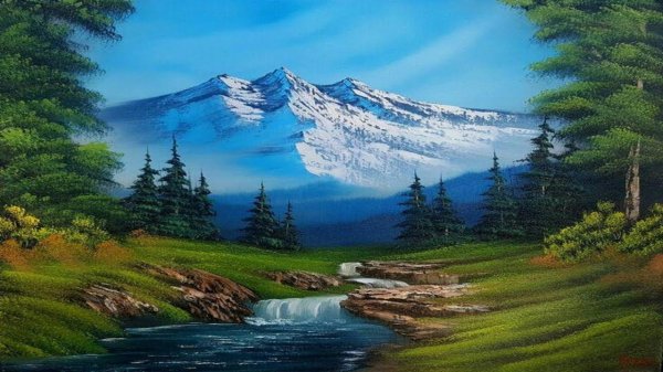 живопись bob ross горная река