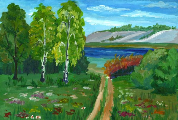 пейзаж с березами гуашью