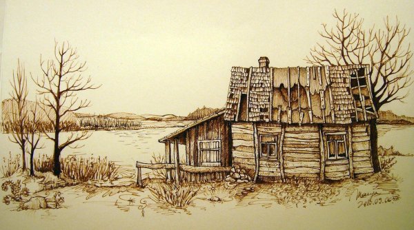 пейзаж деревни карандашом