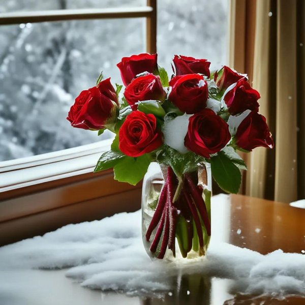 розы на зимнем окне