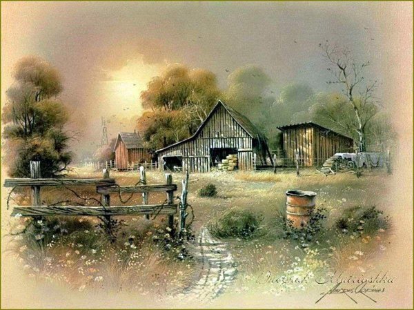 пейзаж деревни акварелью