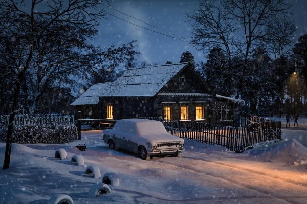 деревня зимой ночью