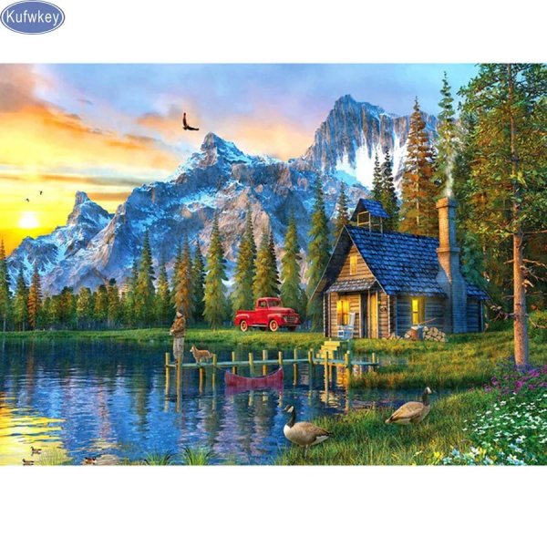 алмазная мозаика диамонд painting река домик горы