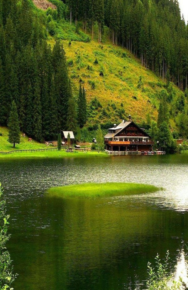 швеция озеро лес луг домик горы