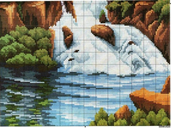 вышивка крестиком водопад