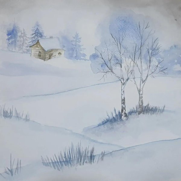зимний пейзаж акварельными карандашами