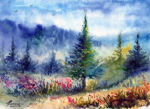 лес акварель