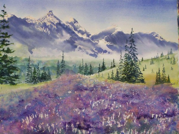 горы акварелью лессировка