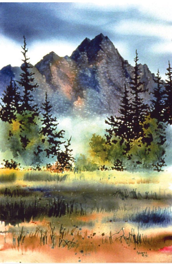 горы акварелью лессировка