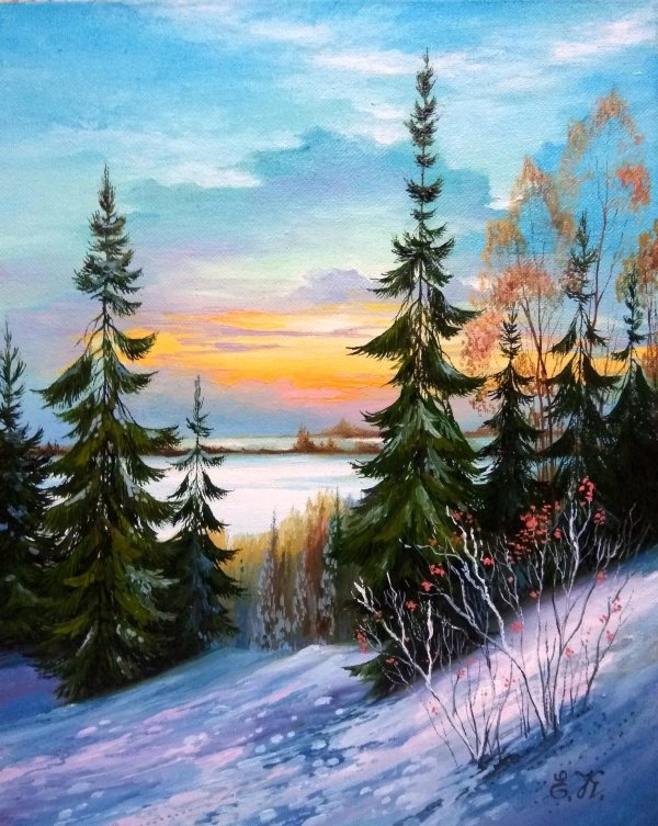 зимний закат живопись