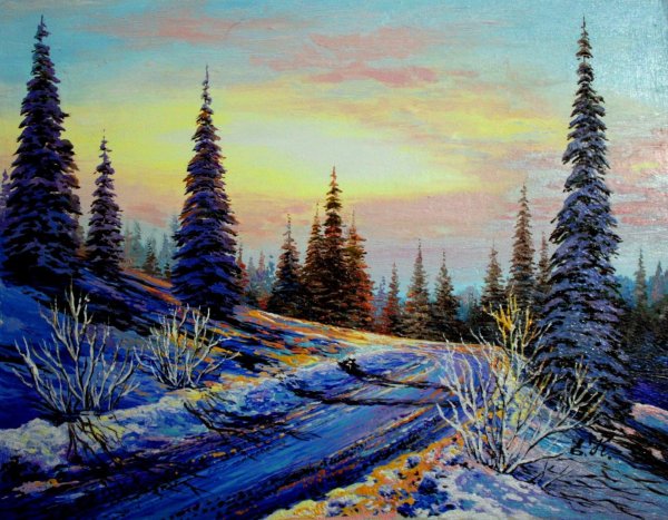 зима пейзажи маслом