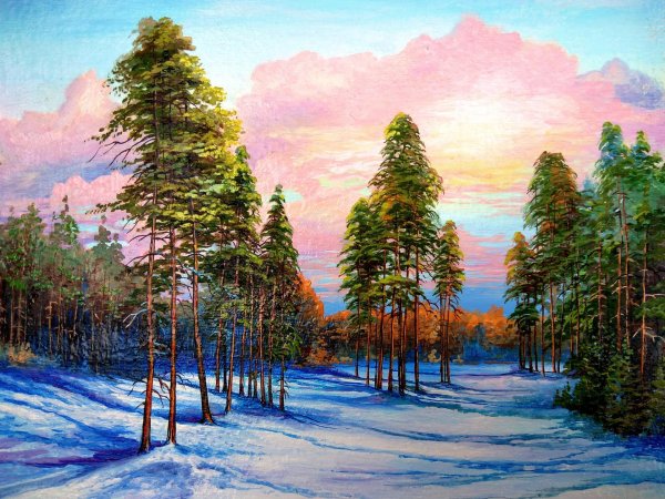зима пейзажи маслом