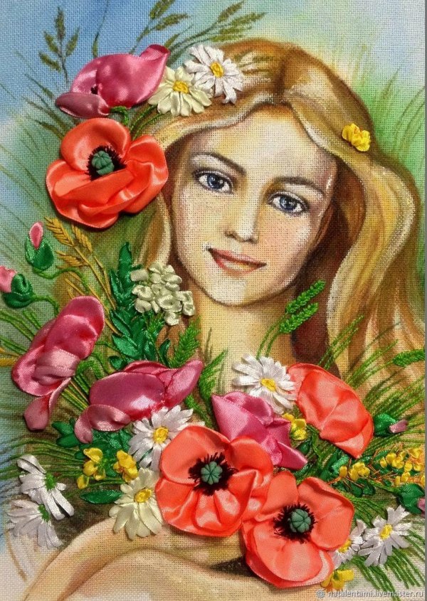 вышивка лентами маки