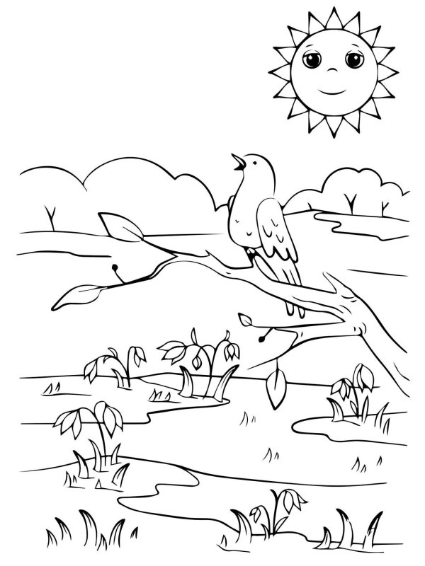 весенний пейзаж раскраска