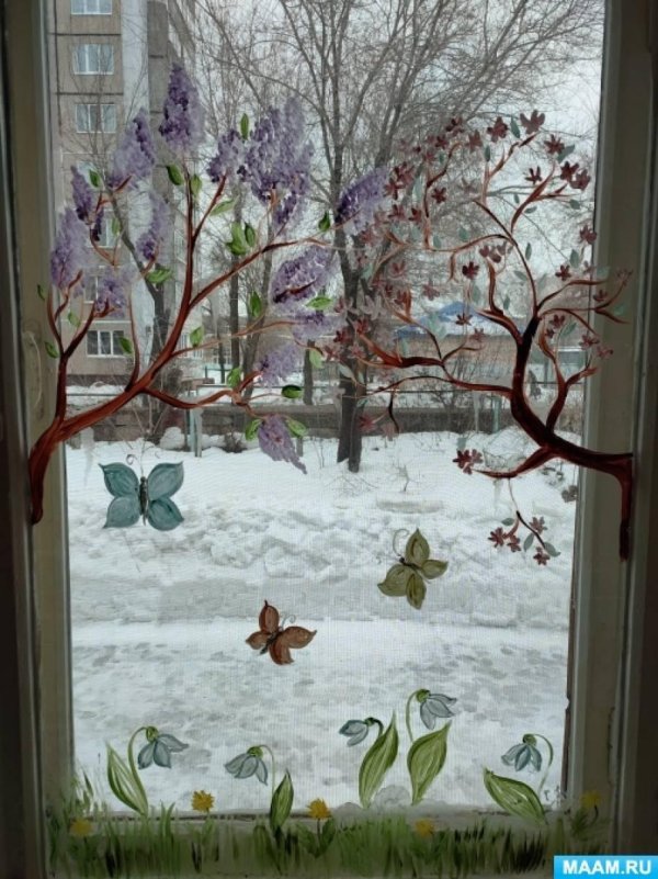 оформление окон на весну в детском саду