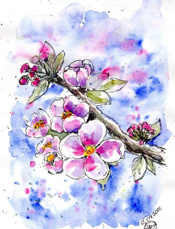 цветущая яблоня гуашью
