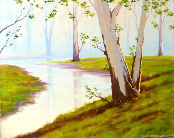 пейзаж с березами гуашью