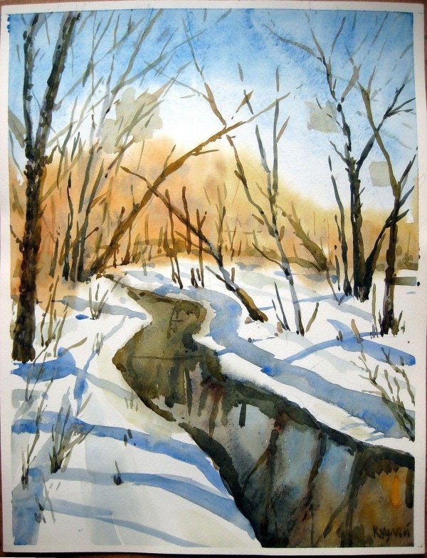 зимние пейзажи акварелью