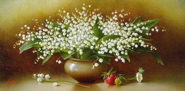 геннадий ляпустин акриловая живопись натюрморт с ландышами