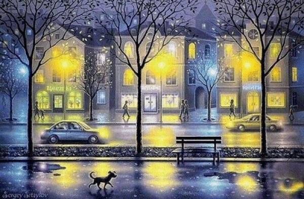 ночной город гуашью