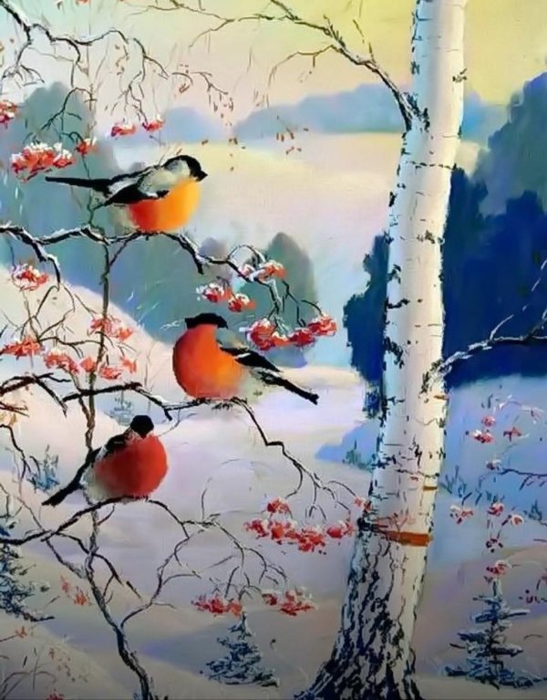 зимний пейзаж со снегирями