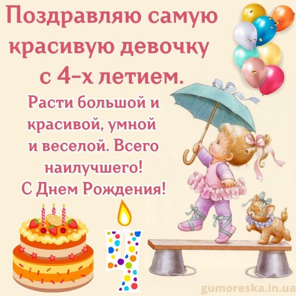 открытка с днём рождения 4 года девочка