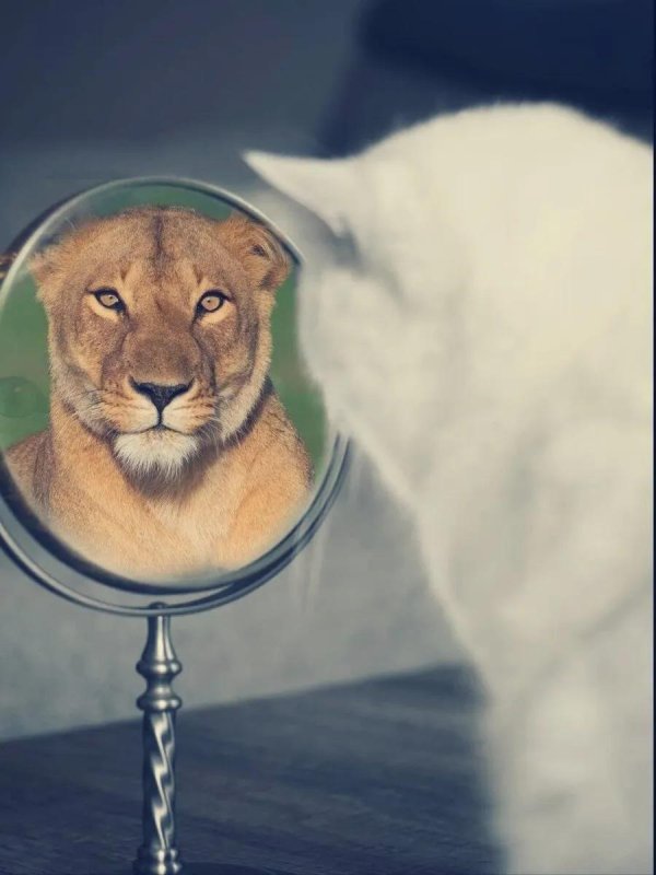 кот смотрит в зеркало и видит льва