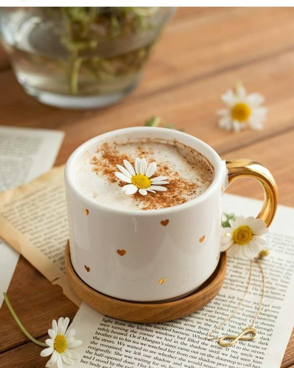 чашка кофе и ромашки