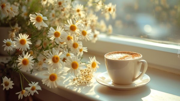 чашка кофе и ромашки